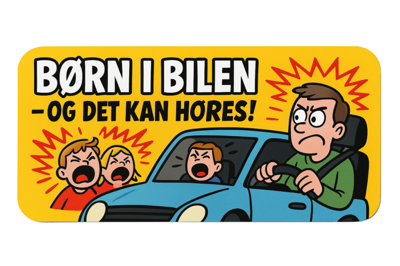 Illustration af en mand, der kører en bil, mens børn råber i baggrunden.