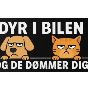 Illustration af en hund og en kat med alvorlige ansigtsudtryk på et skilt.