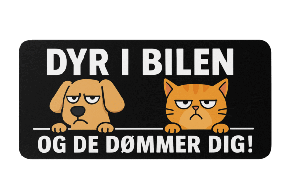 Illustration af en hund og en kat med alvorlige ansigtsudtryk på et skilt.