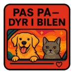 Illustration af en glad hund og en kat, der kigger ud af et bilvindue.