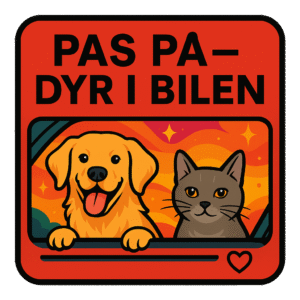 Illustration af en glad hund og en kat, der kigger ud af et bilvindue.