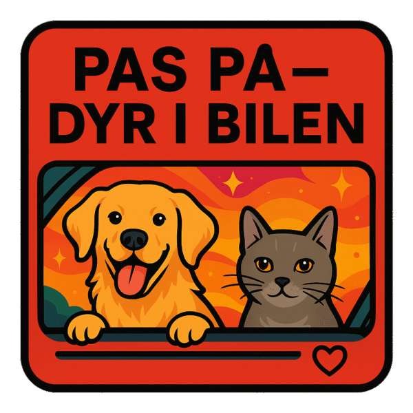 Illustration af en glad hund og en kat, der kigger ud af et bilvindue.