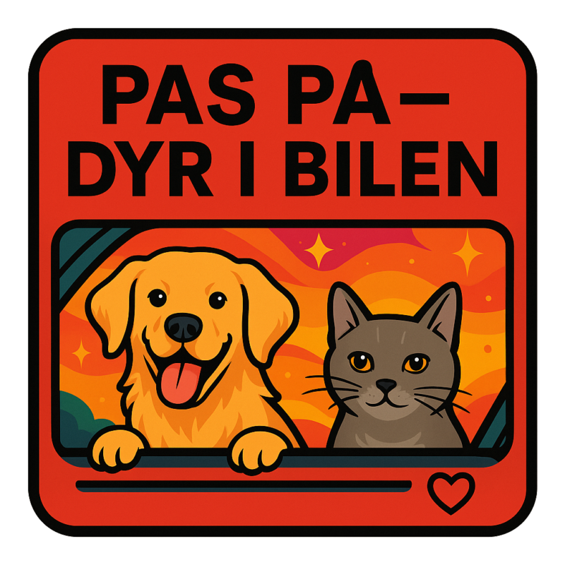 Illustration af en glad hund og en kat, der kigger ud af et bilvindue.