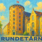 Maleri af Rundetårn med blå himmel og danske flag på toppen.