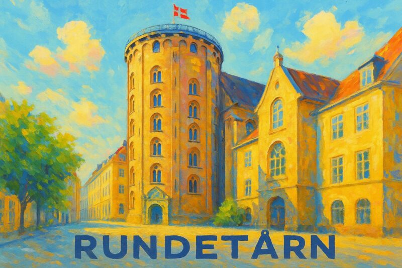 Maleri af Rundetårn med blå himmel og danske flag på toppen.