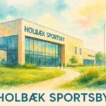 Illustration af bygningen Holbæk Sportsby med glasfacade og tilhørende sti.