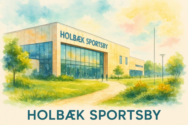 Illustration af bygningen Holbæk Sportsby med glasfacade og tilhørende sti.