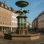 Storkespringvandet i København med flere storke og detaljeret fontæne design.