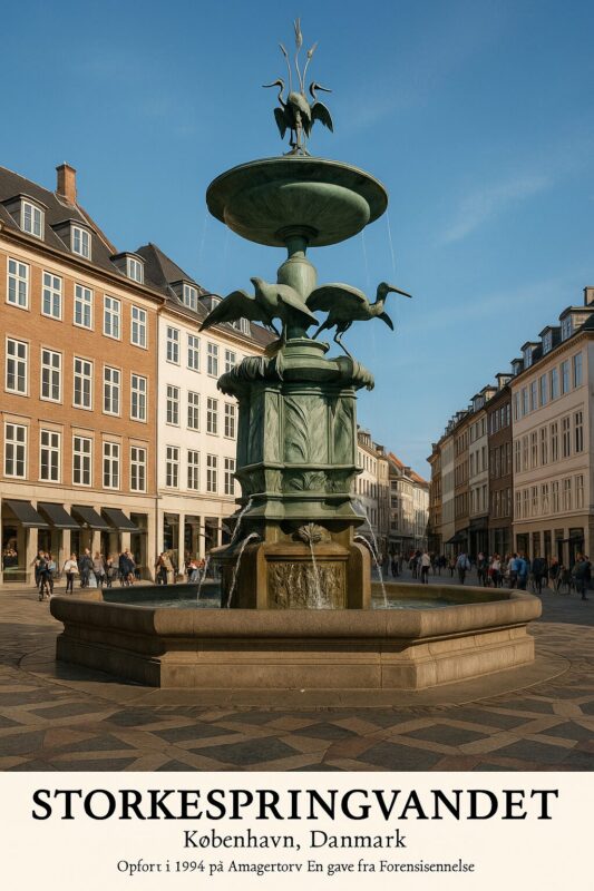 Storkespringvandet i København med flere storke og detaljeret fontæne design.