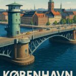 Illustration af Langebro i København med bygninger og vand i baggrunden.