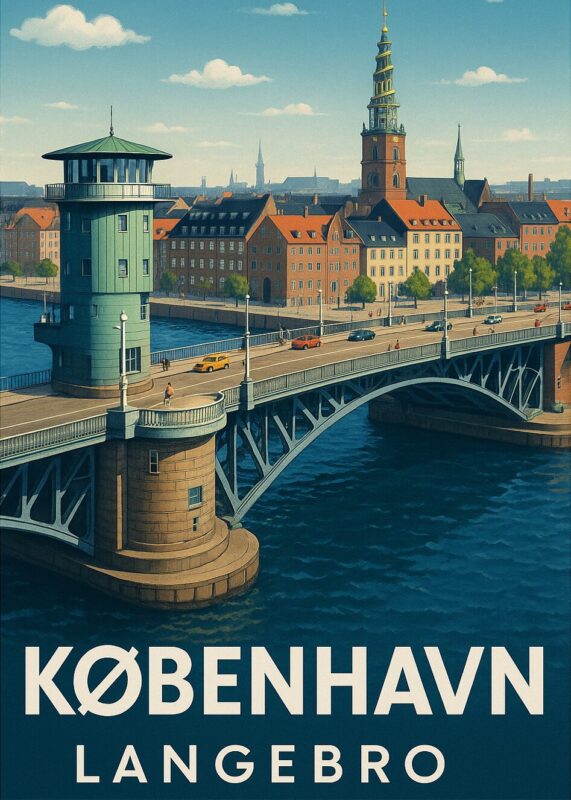 Illustration af Langebro i København med bygninger og vand i baggrunden.