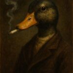 Et maleri af en and i en frakke, der ryger en cigaret med røg, mod en mørk baggrund.