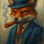 Ræv iført hat og jakkesæt, holder en cigar i munden, malet i en kunstnerisk stil.