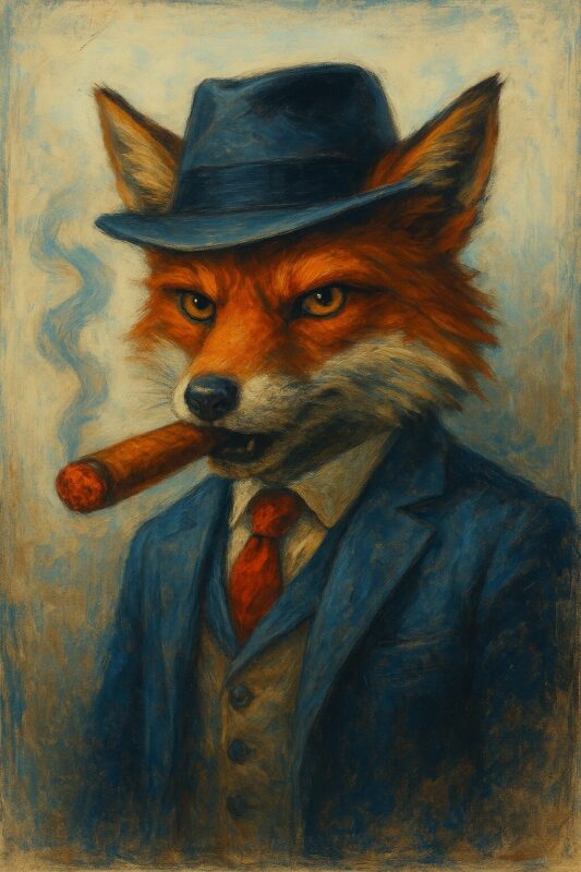 Ræv iført hat og jakkesæt, holder en cigar i munden, malet i en kunstnerisk stil.
