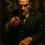 Portræt af en mand iført et sort jakkesæt, der holder en cigar og ser alvorlig ud.
