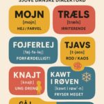 Plakat med danske dialektord og deres betydninger, herunder 'Mojn', 'Træls', og 'Føjferlej'.