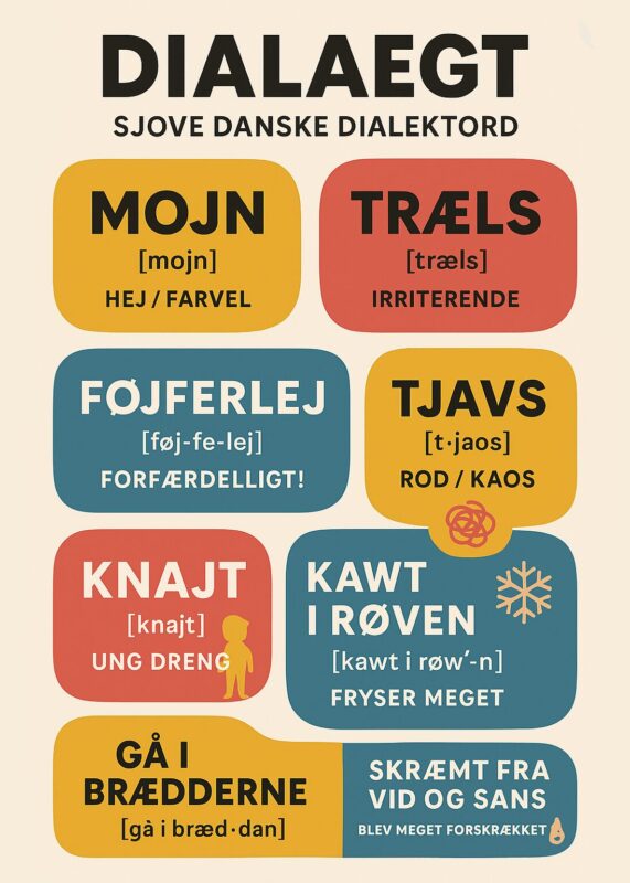 Plakat med danske dialektord og deres betydninger, herunder 'Mojn', 'Træls', og 'Føjferlej'.