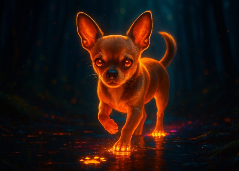 Chihuahua hund med lysende poter, der går gennem en mørk skov med glitrende elementer.