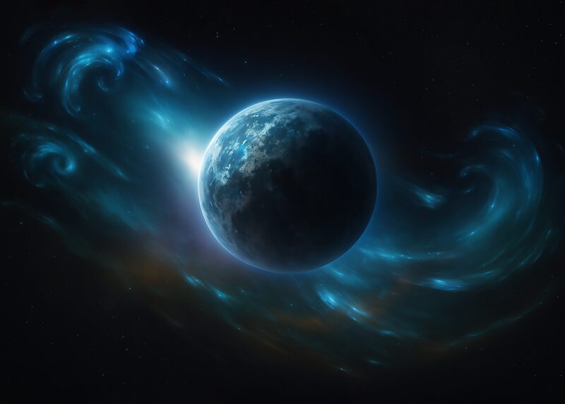 En blå planet svævende i rummet med lysende, bølgende effekter omkring den.