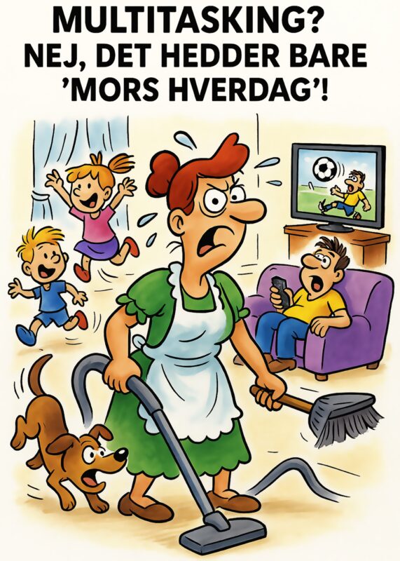 En mor støvsuger mens børn leger og en mand ser tv i stuen.