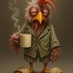 En antropomorf kylling iført en jakke og slippers, der holder en kaffekop.