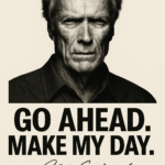 Sort-hvidt portræt af Clint Eastwood med teksten 'Go ahead. Make my day.'