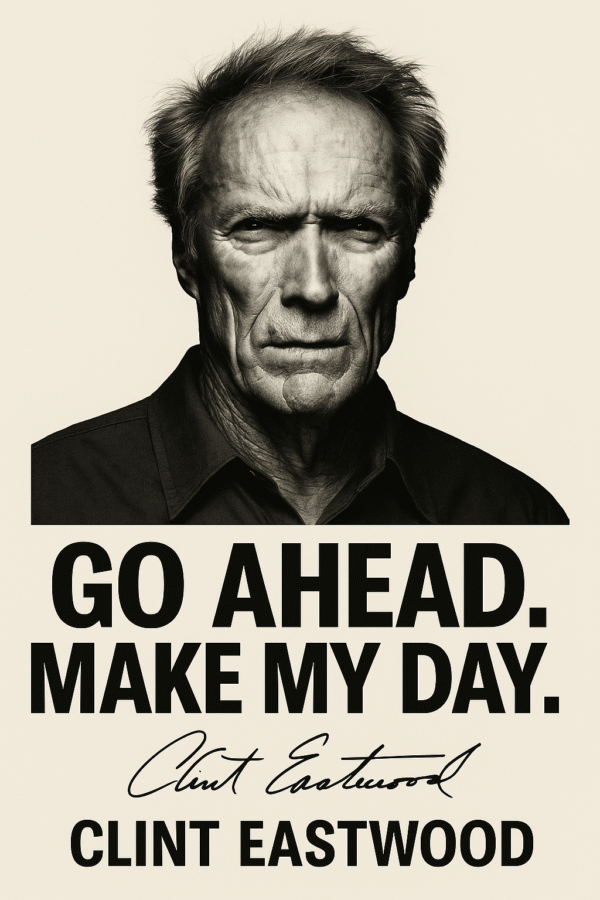 Sort-hvidt portræt af Clint Eastwood med teksten 'Go ahead. Make my day.'