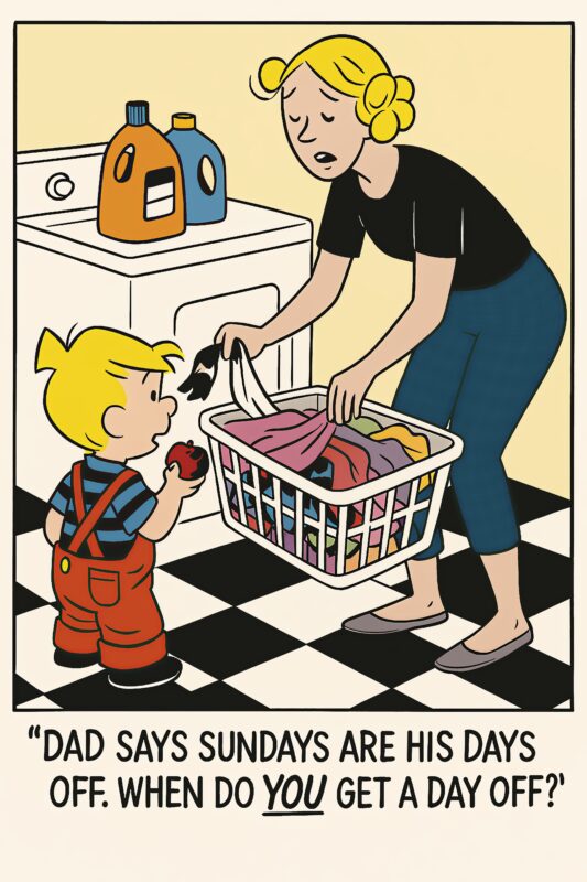 Tegneserieillustration af en voksen, der holder en vasketøjskurv, mens et barn spørger om fridage.