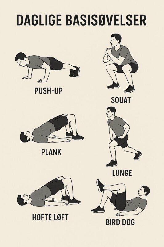 Illustration der viser seks forskellige basisøvelser som push-up, squat, plank, lunge, hofteløft og bird dog.