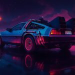 DeLorean DMC-12 bil set fra siden med futuristisk belysning og detaljer.