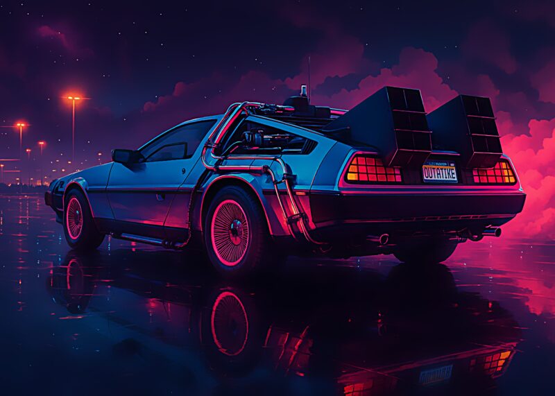 DeLorean DMC-12 bil set fra siden med futuristisk belysning og detaljer.