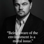 Sort-hvidt portræt af Leonardo DiCaprio med citatet 'Being aware of the environment is a moral issue.'