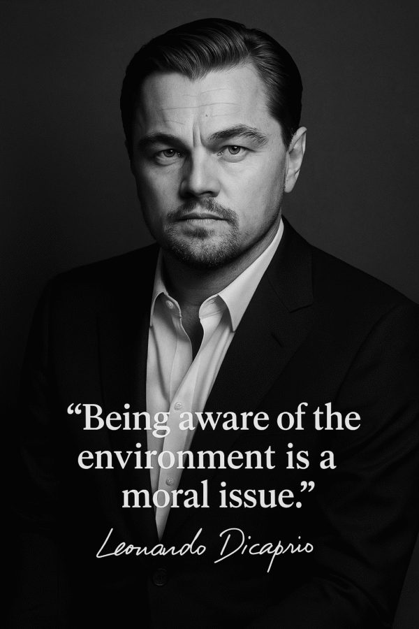 Sort-hvidt portræt af Leonardo DiCaprio med citatet 'Being aware of the environment is a moral issue.'