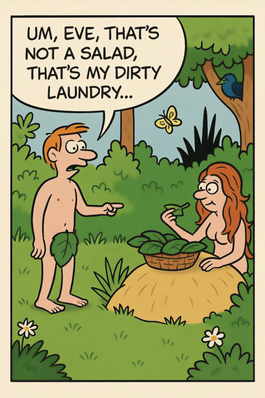 Tegneserieillustration af Adam, der peger på Eva, som sidder med vasketøj i en kurv.