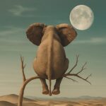En elefant sidder på en gren med månen synlig i baggrunden over en ørken.