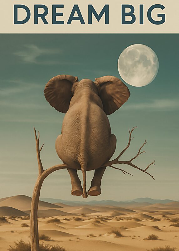 En elefant sidder på en gren med månen synlig i baggrunden over en ørken.