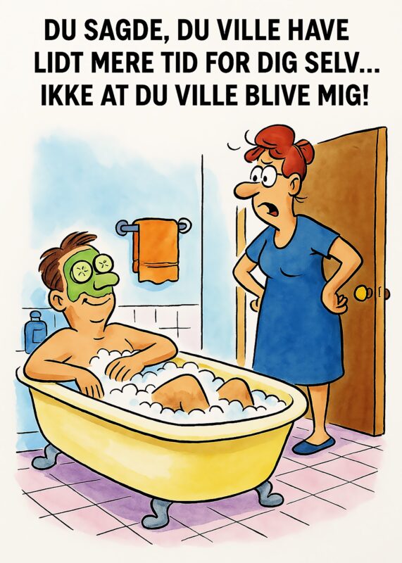 Mand i badekar med ansigtsmaske og kvinde, der ser overrasket ud i døråbningen.