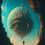 En person står på en klippe og ser op på et svævende slot omgivet af en stor planet.