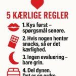 Plakat med teksten 'Efter hyggen' og fem regler for hygge i sort og rød skrift.