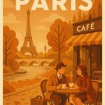 Illustration af et par, der drikker kaffe ved en café i Paris med Eiffel-tårnet i baggrunden.