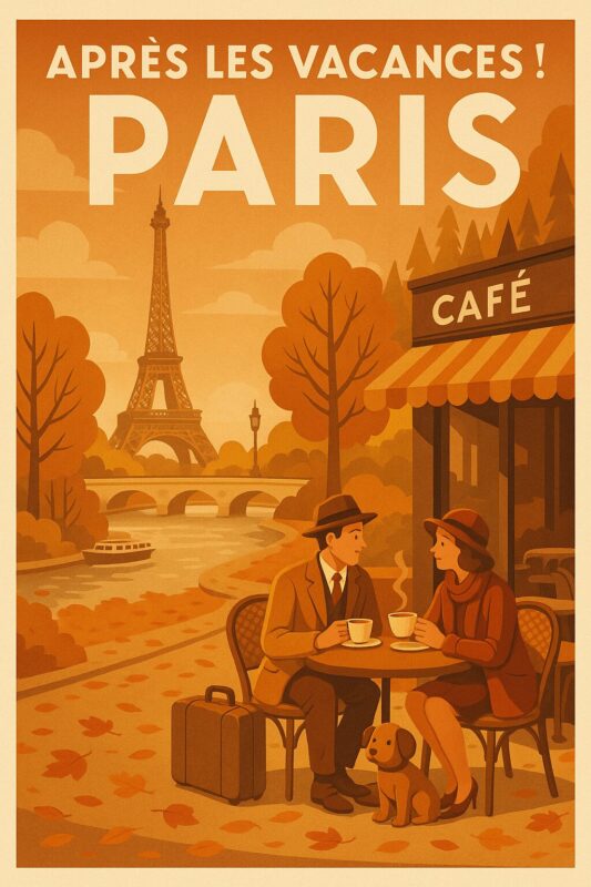 Illustration af et par, der drikker kaffe ved en café i Paris med Eiffel-tårnet i baggrunden.