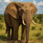 En afrikansk elefant står på en græsmark med en klar blå himmel i baggrunden.