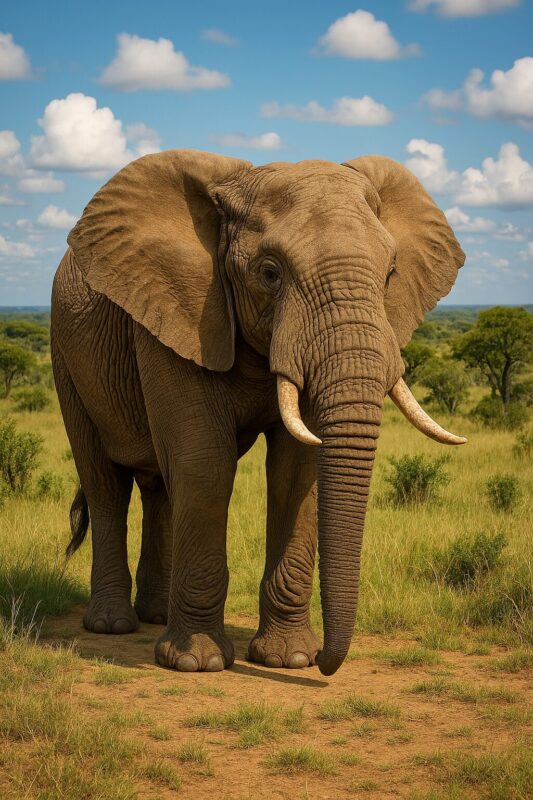 En afrikansk elefant står på en græsmark med en klar blå himmel i baggrunden.