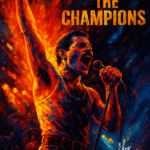Maleri af Freddie Mercury, der synger med teksten 'We Are the Champions' i baggrunden.