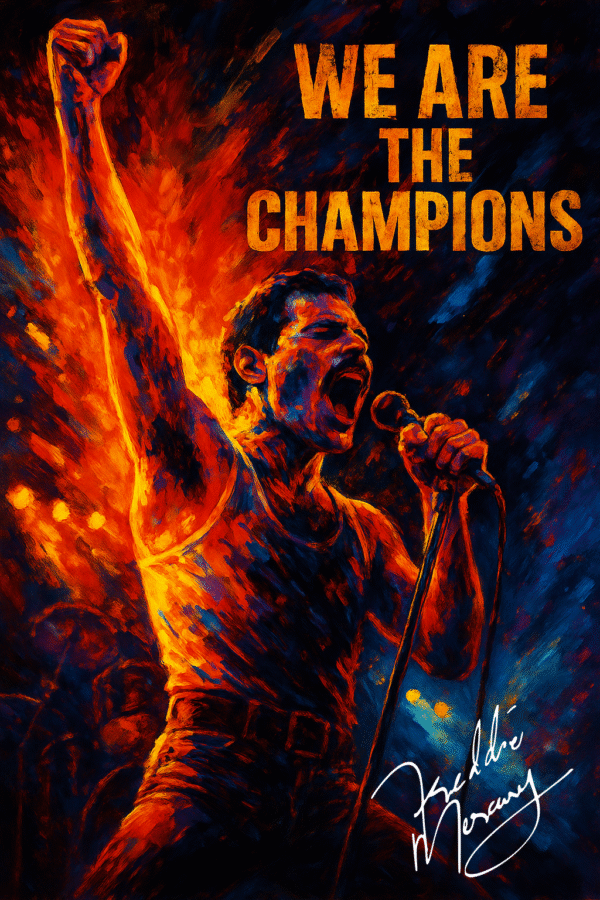 Freddie Mercury teksten "We Are the Champions"