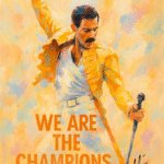 Maleri af Freddie Mercury i en gul jakke med teksten 'WE ARE THE CHAMPIONS'.