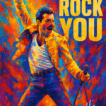 Farverigt maleri af Freddie Mercury med teksten 'We Will Rock You' i baggrunden.