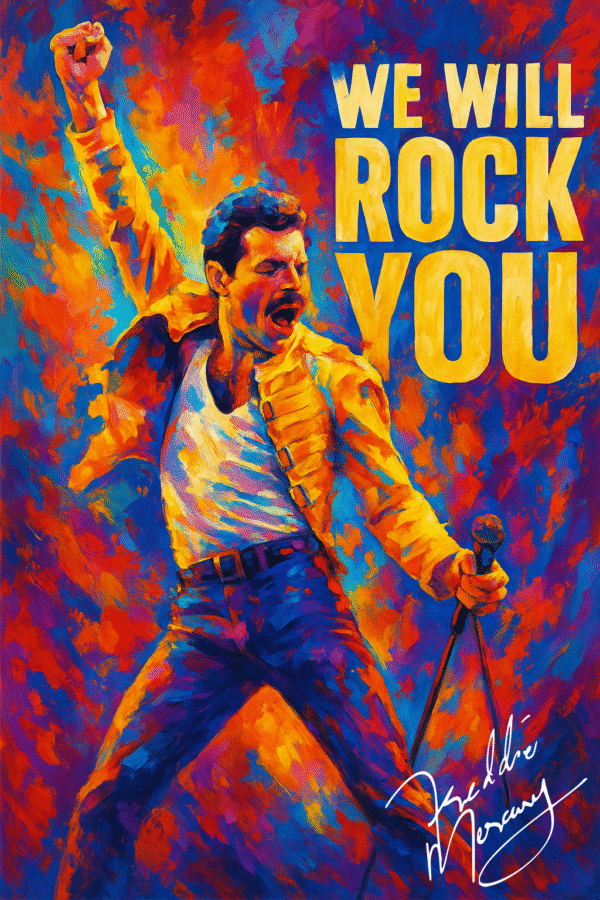 Freddie Mercury teksten "We Will Rock You"