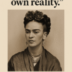 Sort-hvidt portræt af Frida Kahlo med et citat om at male sin egen virkelighed.