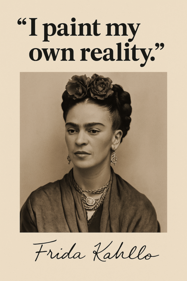 Sort-hvidt portræt af Frida Kahlo med et citat om at male sin egen virkelighed.